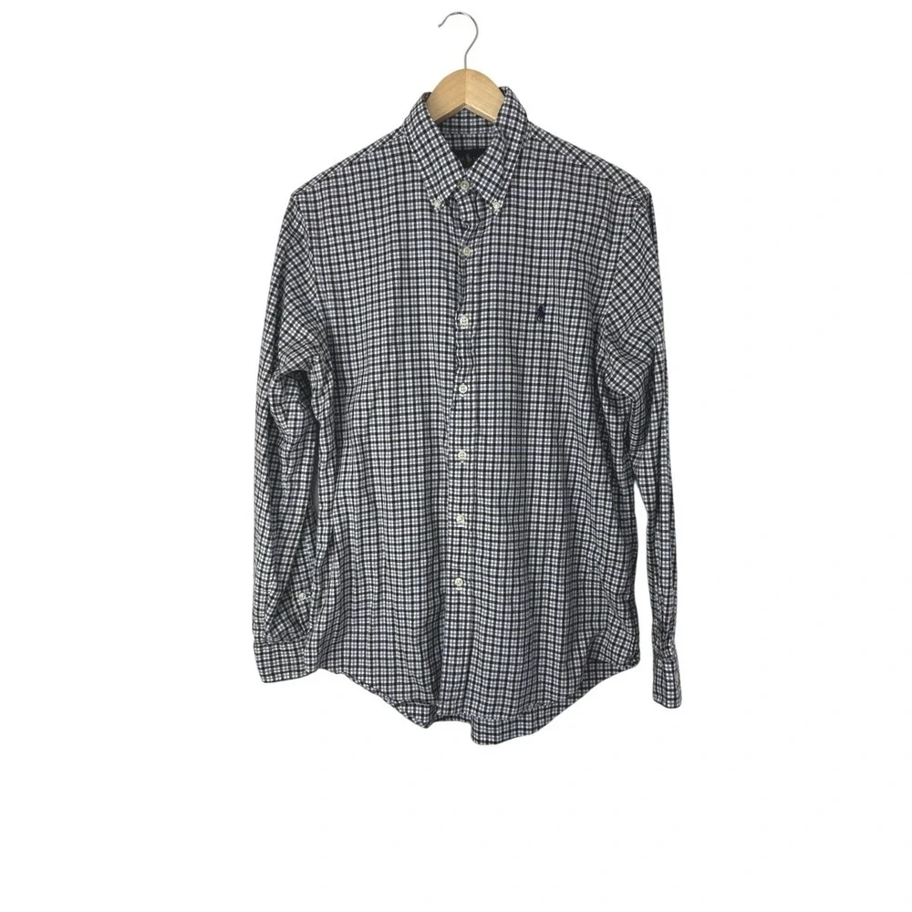 Polo Ralph Lauren Shirt Mens Medium Blue White Gingham Check Button Down Pony